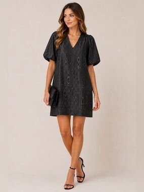 Finley Black Silk Dress Abstract Print Puff Sleeve Shift Dress M